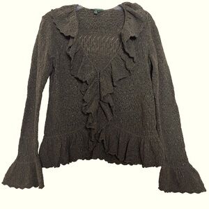 Ralph Lauren Cardigan Sweater XL Crochet Ruffle Bell Sleeve Y2K Vintage Romantic